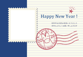 午年のスタンプ風フォトフレーム年賀状（添え書きあり）