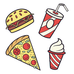 colorful set of flat design icons for food and drinks including burger, pizza, 
