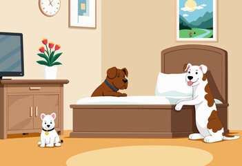 Cartoon dogs relaxing in a cozy bedroom with a decorative plant  