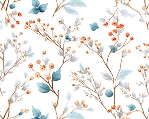 Delicate watercolor botanical pattern with soft hues of blue and orange