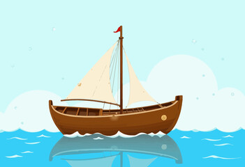 Wooden sailboat sailing on calm blue sea under clear sky  