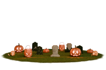 Glowing jack-o'-lanterns and weathered tombstones are scattered across a small patch of grass against a black background, creating an eerie Halloween scene.  The pumpkins show carved faces