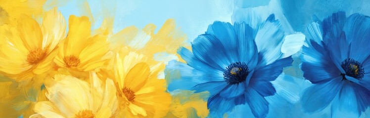 Bright blue yellow flowers create cheerful composition. Artistic floral design, illustration shows vibrant petals with oil paint texture. Summer blooms with cheerful colors, floral arrangement