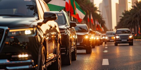 Fototapeta premium Black cars parked on road with flags during summit in united arab emirates