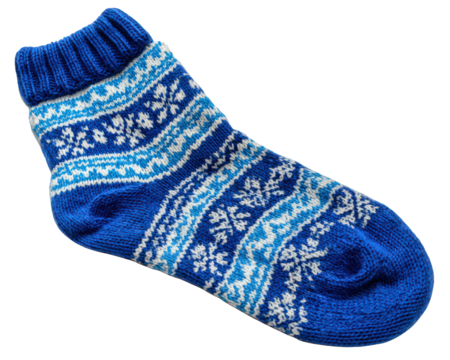Blue woolen sock with white snowflake pattern, fuzzy texture, cozy winter accessory, warm and soft, knitted design, isolated on transparency background
