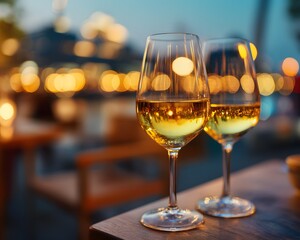 Two Elegant White Wine Glasses on Wooden Table with Bokeh Lights Background