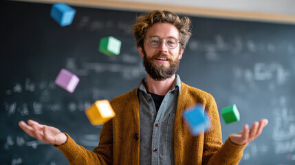 A math teacher tossing vibrant geometric cubes in a classroom, using a dynamic demonstration to explain probability and statistics. Ideal for education and editorial design.