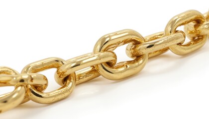 Fototapeta premium Macro shot of shiny gold chain links, strength, connection, luxury. Reflective metal object features smooth, detailed texture with polished, high-quality finish, perfect for fashion accessories,