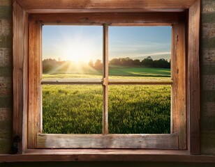 realistic country style interior window view rustic wooden frame soft diffused sunlight aged windowsill overlooking a sprawling green field