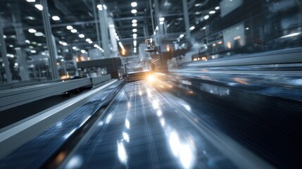 An image highlighting the smooth continuous feed of material onto a processing line where flexible perovskite sheets glisten under bright industrial lights demonstrating the advanced