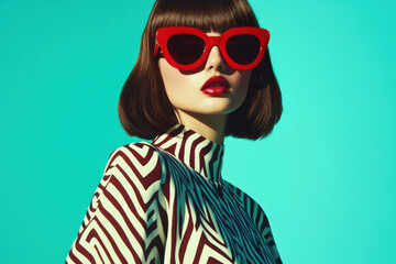 Fashion retro model with red lipstick and bob haircut wearing red sunglasses and patterned shirt posing on turquoise background in studio setting