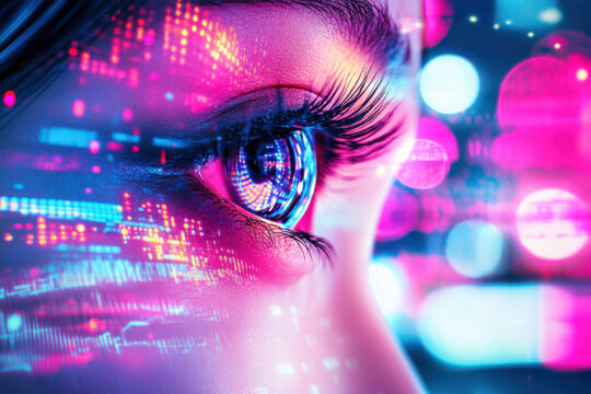 Close-up of woman eye overlayed with futuristic glowing holographic digital code, reflecting complex data streams and information technology in a vibrant, colorful cyberpunk aesthetic