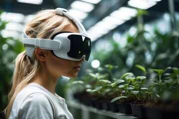 Exploring the Botanical World: A young woman, immersed in a virtual reality headset, examines a lush array of plants, peering with focused attention, her experience a merging of tech and botany. 