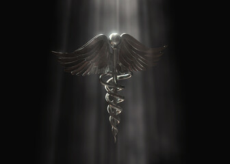 3D Caduceus Medical Symbol Render with Bright Spotlight