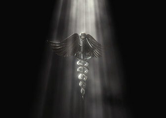 3D Caduceus Medical Symbol Render with Bright Spotlight