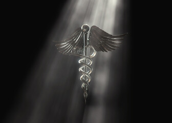 3D Caduceus Medical Symbol Render with Bright Spotlight