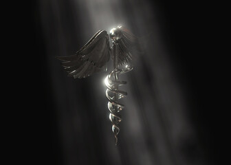 3D Caduceus Medical Symbol Render with Bright Spotlight