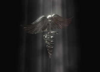 3D Caduceus Medical Symbol Render with Bright Spotlight
