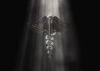 3D Caduceus Medical Symbol Render with Bright Spotlight