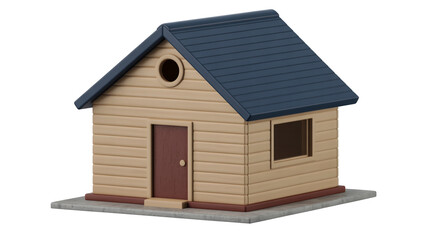 3D miniature wooden house, gray roof, beige siding, windows, door, shadows