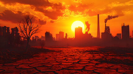 Dramatic sunset casts orange glow over devastated landscape with cracked dry earth and silhouetted industrial buildings emitting smoke, creating apocalyptic atmosphere