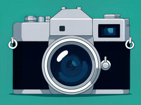 nime-style rendering of a vintage film camera, viewed from the front. The camera has a simplified, bold design with clean outlines.