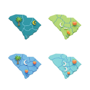 Four south carolina state shaped magnets with coastal and inland themes