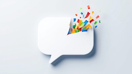 Minimal speech bubble with soft shadows and a burst of confetti, symbolizing joyful creative dialogue.