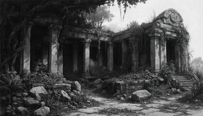 Fototapeta premium Ancient ruined temple overgrown with vegetation. Stone architecture, pillars, details. Explore nature, travel, tourism, culture, history, lost civilization, mystery, exploration. Mysterious