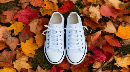 Top Down Clean White Canvas Shoe with Autumn Leaves Composition. Ai Generated Images