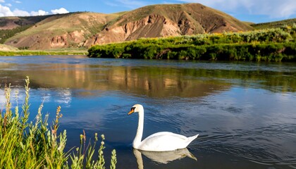 Swan on a river reflecting mountains