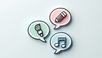 Three stacked speech bubbles with pencil, brush, and music note icons in pastel tones, symbolizing creative dialogue.