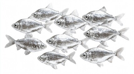 Silvery Fish Swimming School Isolated on White Background for Aquatic Education Concept
