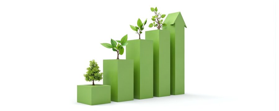Trees grow on ascending green bar chart arrow up on white background. Sustainable eco development, financial investments concept. Success in business, eco awareness, economic growth. Chart indicates