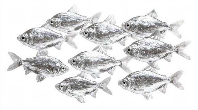 Silvery Fish Swimming School Isolated on White Background for Aquatic Education Concept