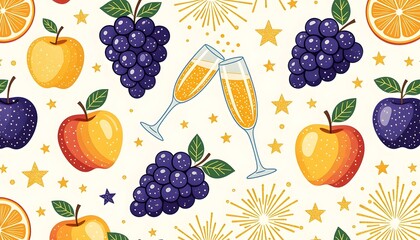 Seamless pattern of fresh fruits with strawberries apples oranges lemons bananas cherries grapes pineapples pears kiwis in a colorful vector background