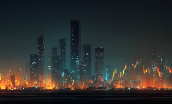 Night cityscape backdrop with dynamic stock market graph overlaid