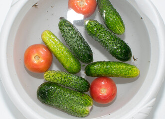 Close up view of cucumbers and tomatoes soaked in water