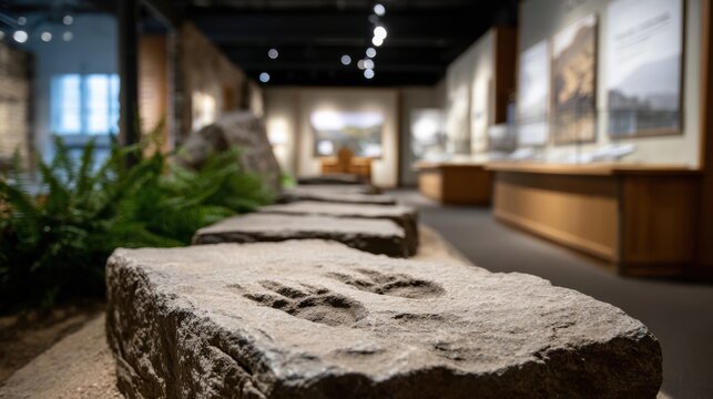 A serene museum exhibit featuring textured stones and informative displays, creating an inviting atmosphere for exploration and learning.