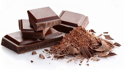 broken dark chocolate chunks with shavings on white