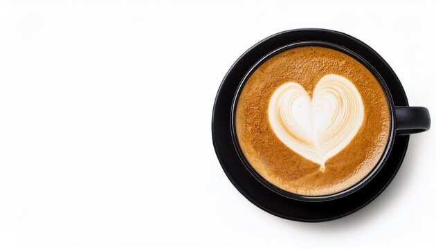 hot latte with heart shaped foam art in black ceramic cup top view isolated on white background - Powered by Adobe
