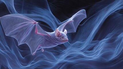 A stylized bat flies gracefully through ethereal blue waves, showcasing a blend of elegance and movement in a vibrant, abstract design, Stylus Animals with blank space for text