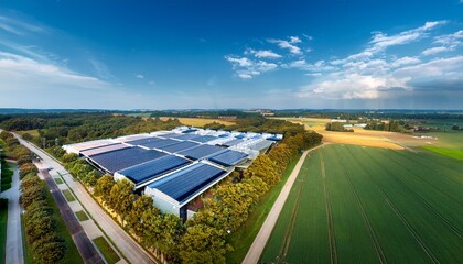 aerial view of modern data center complex with solar panels surrounded by trees and fields
