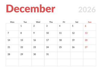 Monthly page Calendar Planner Template design of December 2026. Vector layout of calendar with week start Monday for Scheduling. Page for size A4 or 21x29.7 cm