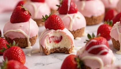 Close-up of strawberry cheesecake truffles, garnished with fresh strawberries, white chocolate drizzle. Sweet pink-coated treats, juicy red berries on clean surface, delicious bakery small cakes for