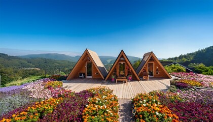 wooden a frame cabins situated on a vibrant flower decorated terrace surrounded by hills under a clear blue sky evoking tranquility nature and a rustic escape from urban life