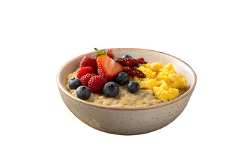 steaming bowl oatmeal topped fresh berries crispy bacon scrambled eggs sits atop rustic wooden table bathed soft morning on AI generated by PNG