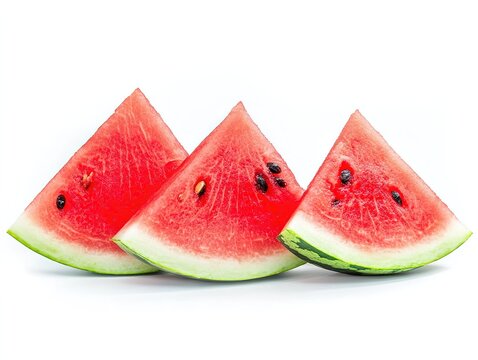 Three triangular watermelon slices with red flesh and mixed seeds on pure white background, vibrant rind contrast highlighting juicy texture, ideal for e-commerce produce shots, or nutrition charts