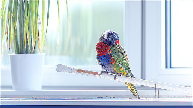 "A vibrant rainbow lorikeet perches gracefully on a white wooden rod indoors, gently preening its feathers. Its plumage displays a stunning mix of blue, green, red, yellow, and orange hues. Soft natur