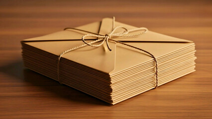 A stack of brown kraft paper envelopes tied with twine in a neat bundle on a dark wooden background, representing correspondence.